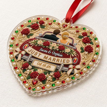 Personalized Just Married Vintage Car Heart Acrylic Ornament