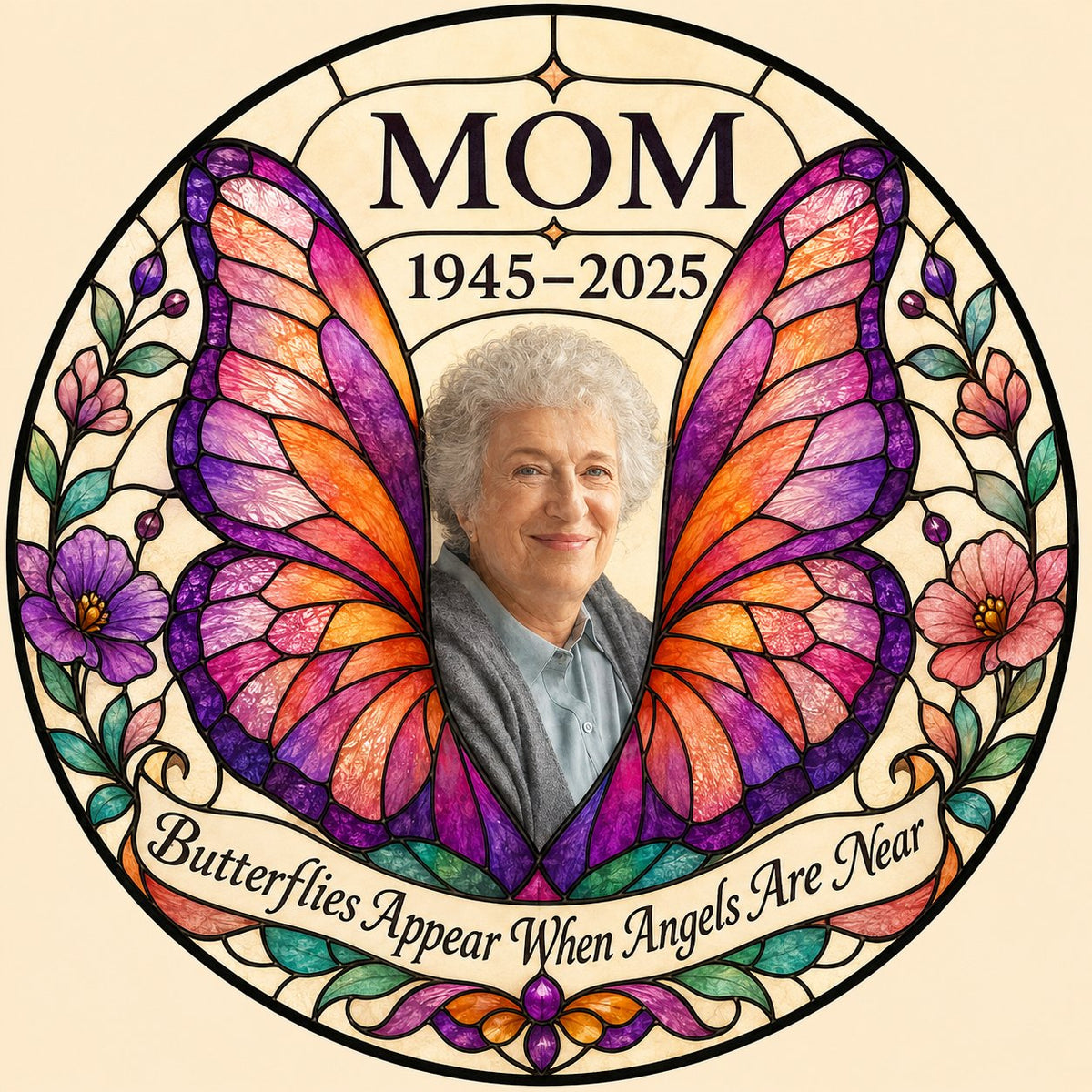 Round stained-glass suncatcher with butterfly wings, purple and pink flowers, a photo arch and a name banner.