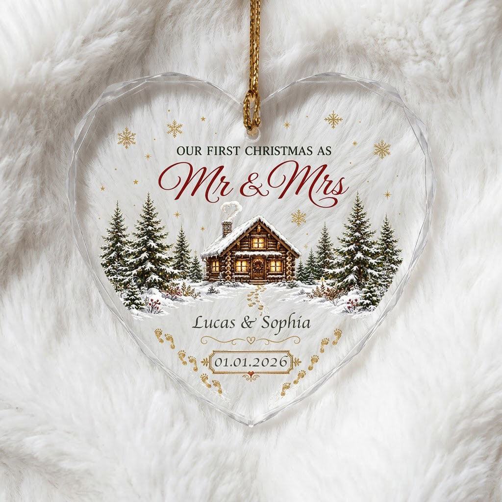 Personalized Our First Christmas as Mr & Mrs Winter Cabin Footprints Heart Glass Ornament