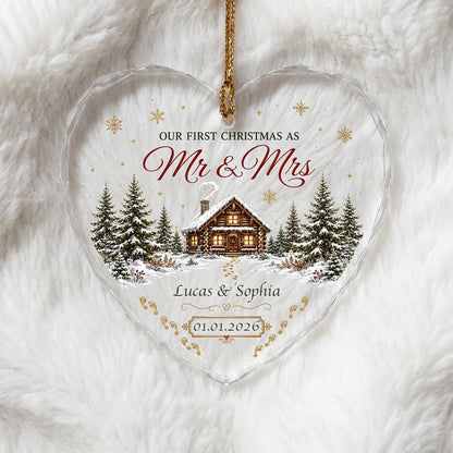 Personalized Our First Christmas as Mr & Mrs Winter Cabin Footprints Heart Glass Ornament