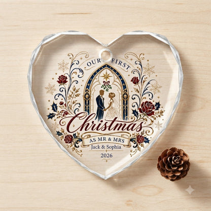 Personalized Our First Christmas as Mr & Mrs Wedding Heart Glass Ornament