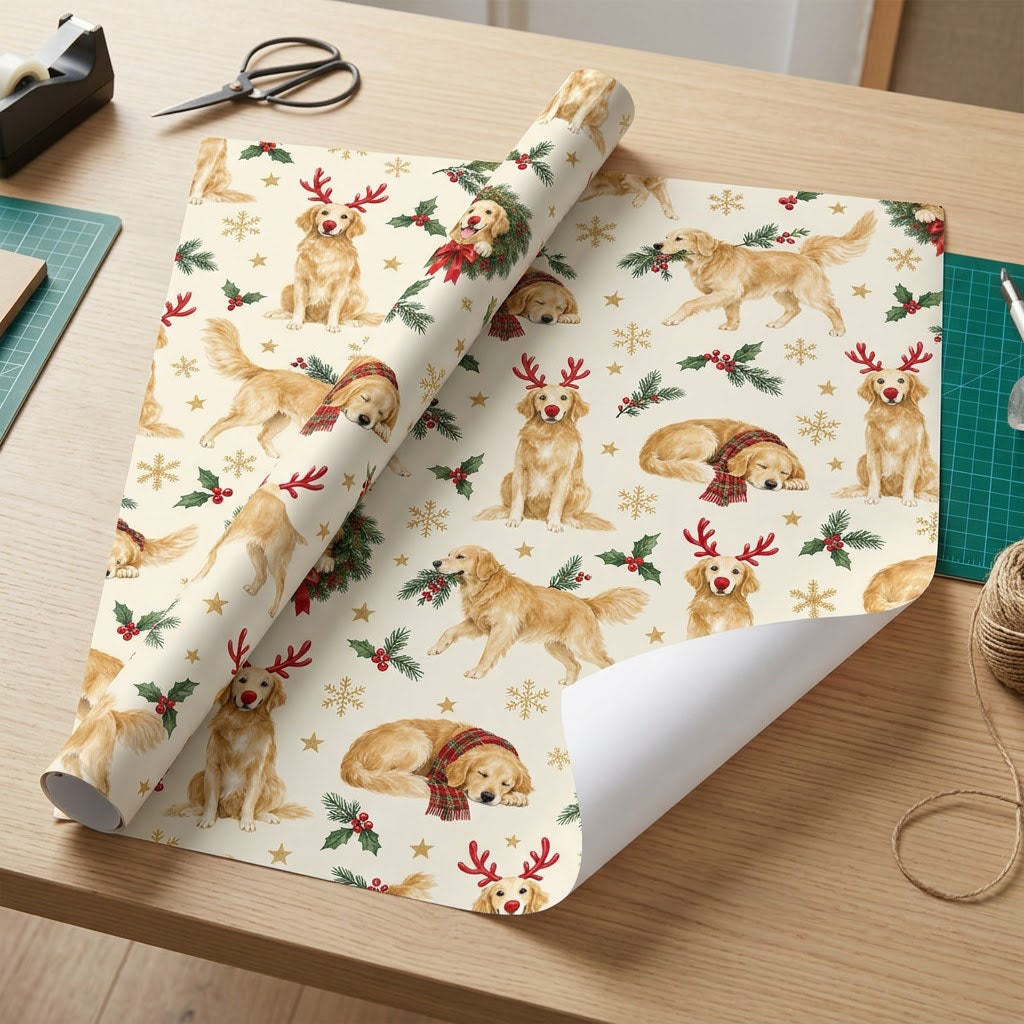 Cream wrapping paper with Golden Retriever dogs in antlers and scarves, wreaths, holly, snowflakes and stars.