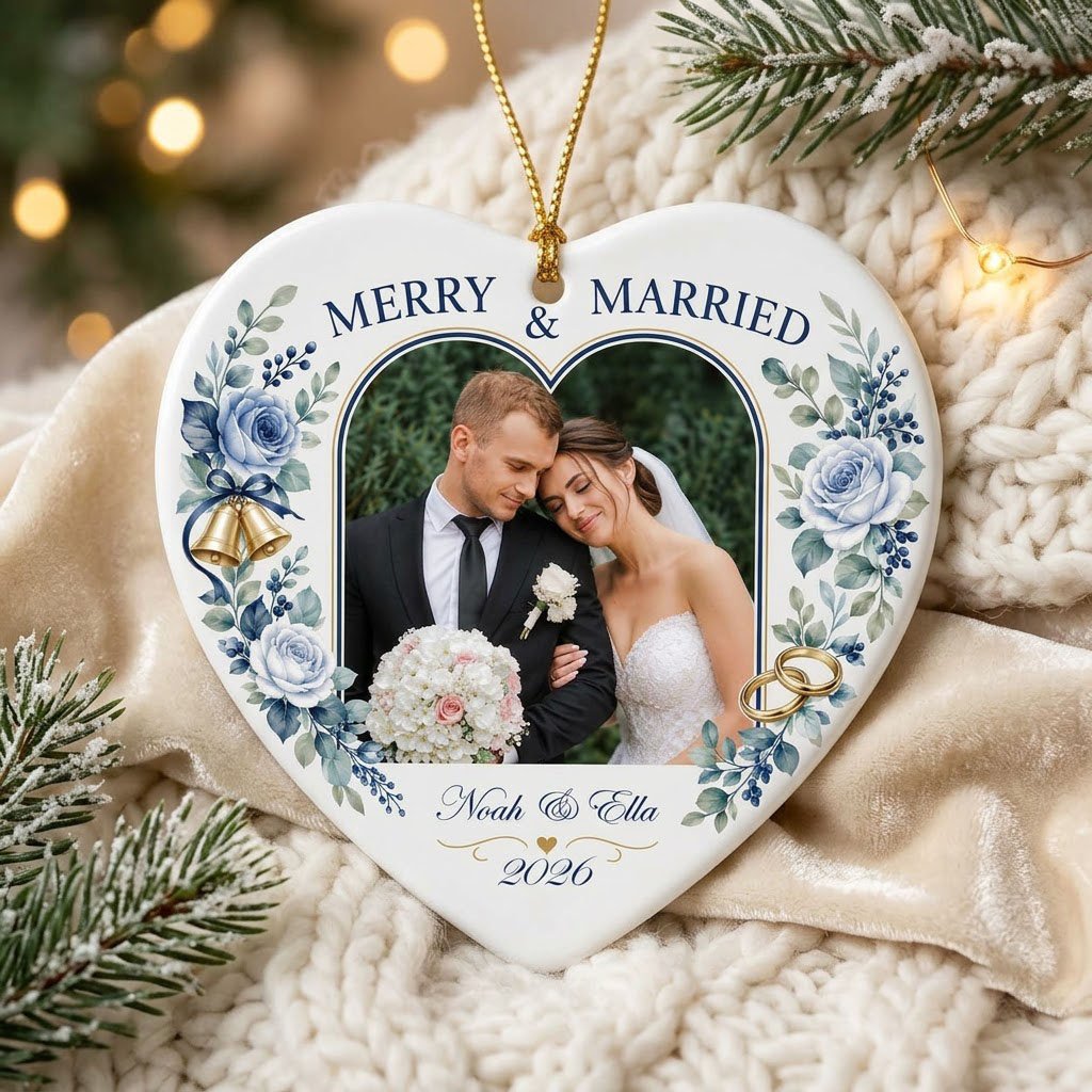 Heart ceramic ornament with “MERRY & MARRIED,” dusty blue florals, wedding bells, rings, and a heart-shaped photo frame.