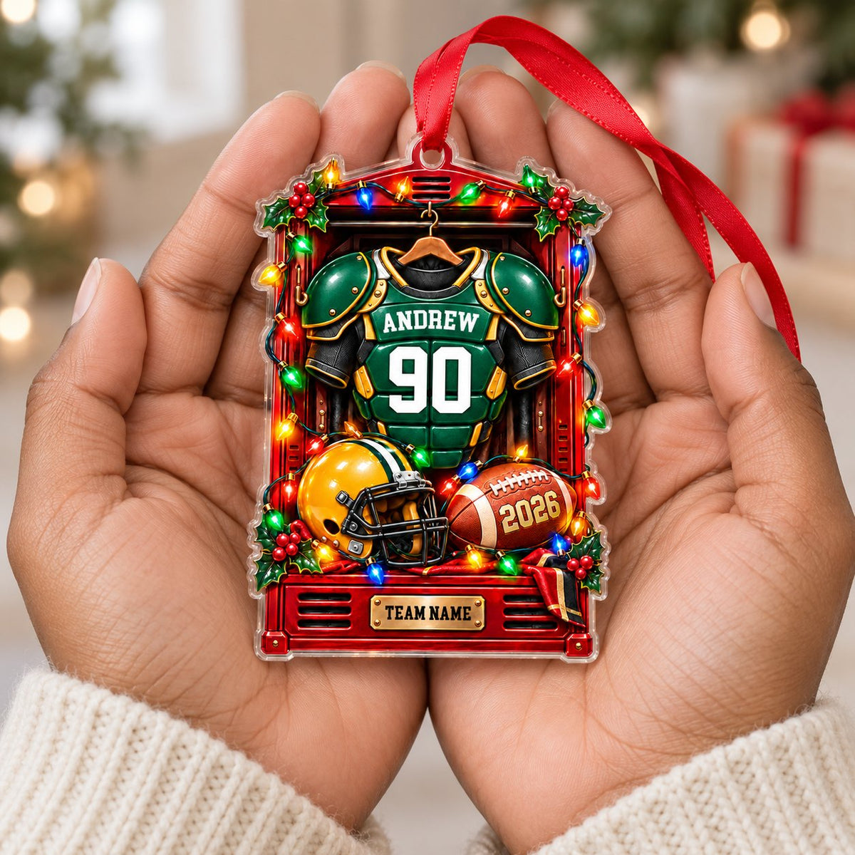 Red locker ornament with green jersey, yellow helmet and football, Christmas lights, personalized name and number.