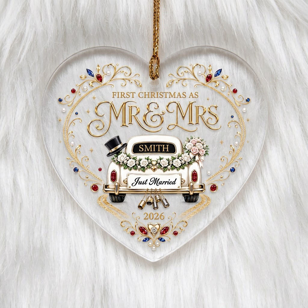 Personalized First Christmas as Mr & Mrs Vintage Getaway Car Heart Glass Ornament