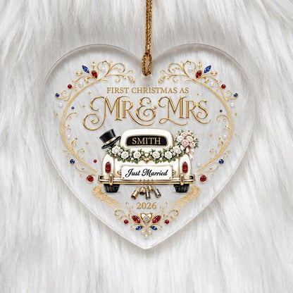 Personalized First Christmas as Mr & Mrs Vintage Getaway Car Heart Glass Ornament