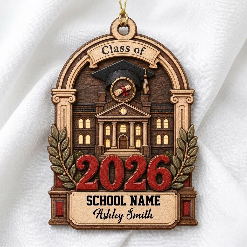 Personalized Class of Graduation Crest Wood Ornament with Cap, Diploma & Laurels