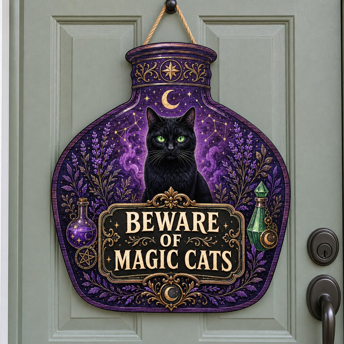 Potion bottle-shaped wooden sign with a black cat, moon, stars, lavender, and the text 'BEWARE OF MAGIC CATS'