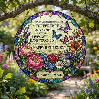 Personalized Retirement Floral Garden Never Underestimate The Difference Happy Retirement Stained Glass Round Suncatcher