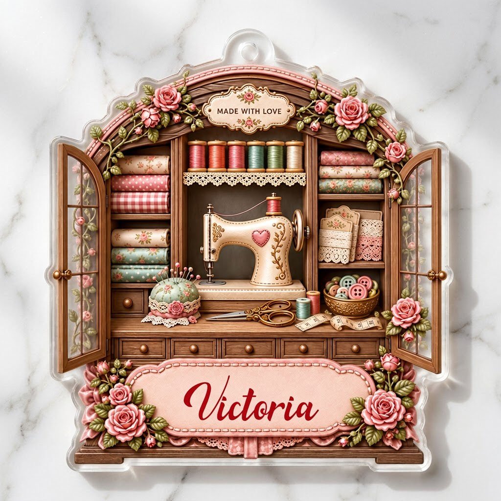 Acrylic ornament shaped like a sewing cabinet with roses, sewing machine, scissors and a pink name banner.