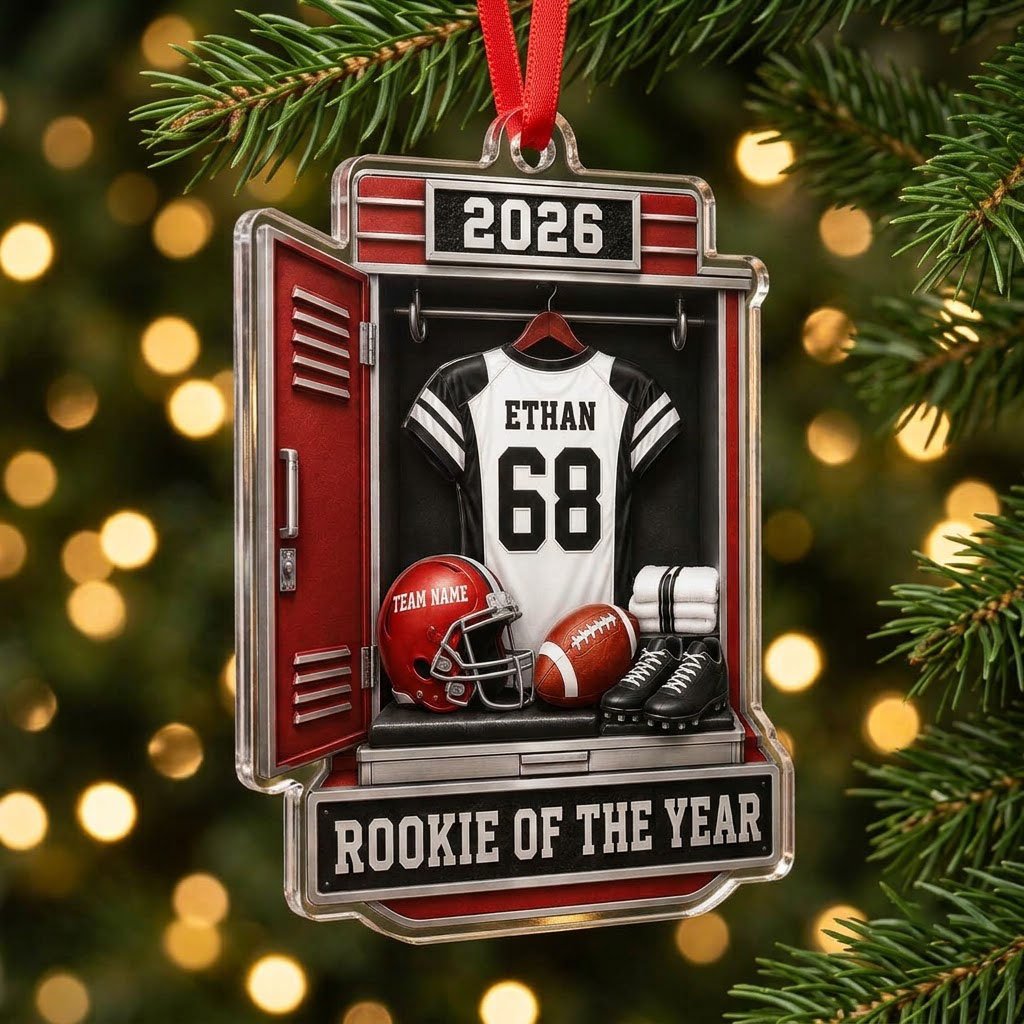 Acrylic ornament shaped like a football locker with jersey, red helmet, ball, towels and ROOKIE OF THE YEAR banner.