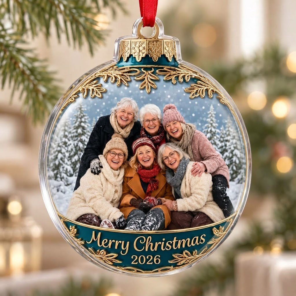 Clear acrylic bauble ornament with photo of six women in snowy pines, gold filigree, teal banner and Merry Christmas tex