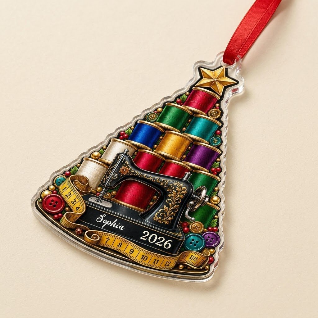 Personalized Vintage Sewing Tree Acrylic Ornament, Custom Quilter Seamstress Keepsake