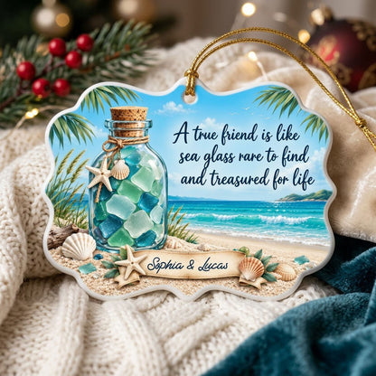 Ornate medallion ceramic ornament with sea glass jar, beach scene, palm branches and a friendship quote for two names.