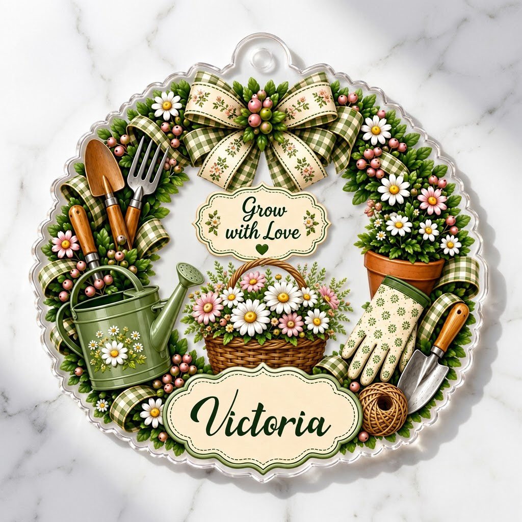 Scalloped acrylic ornament with a floral gardening wreath, tools, and "Grow with Love" plus a personalized name.