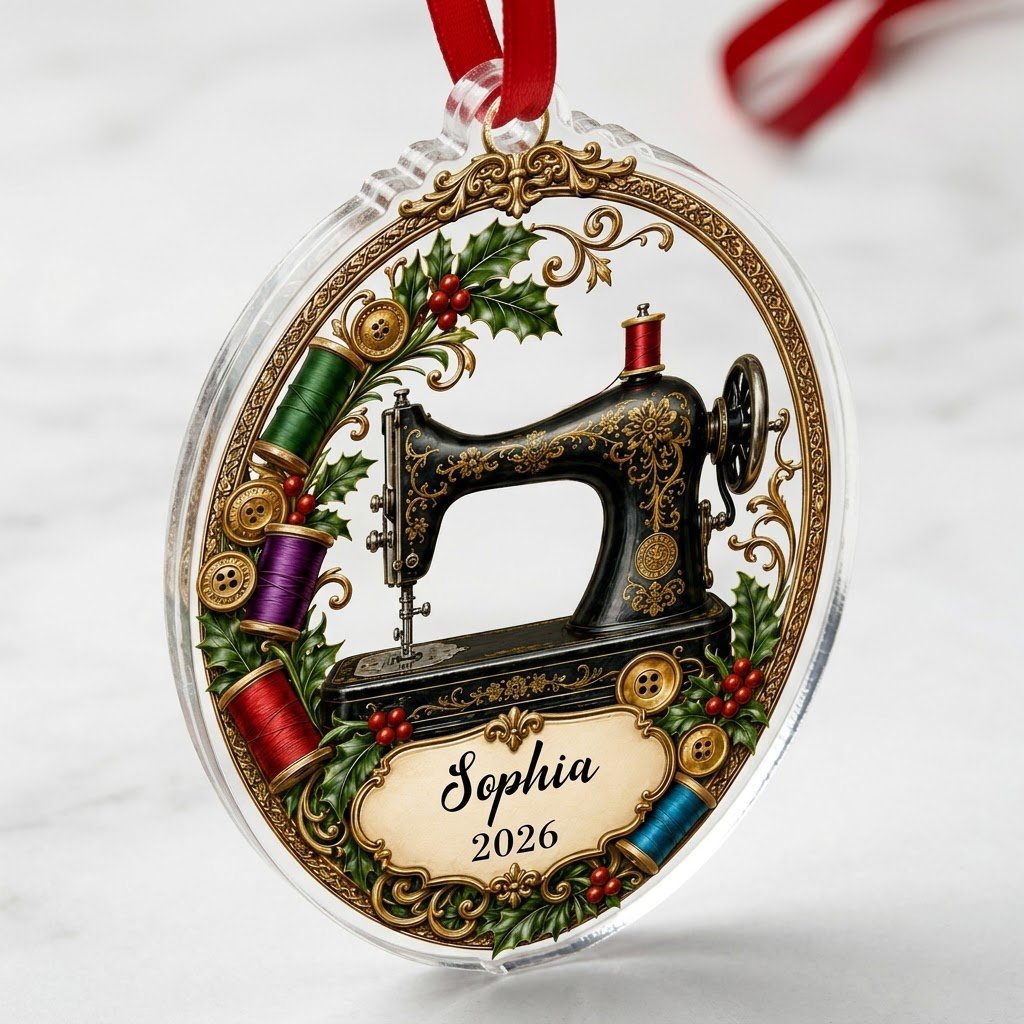 Personalized Vintage Sewing Machine Acrylic Ornament, Custom Quilter Seamstress Holiday Keepsake