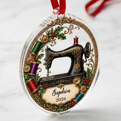 Personalized Vintage Sewing Machine Acrylic Ornament, Custom Quilter Seamstress Holiday Keepsake