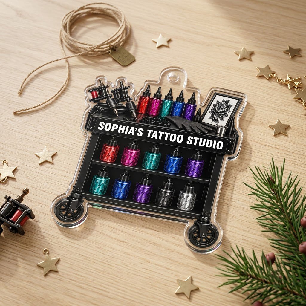 Acrylic ornament shaped like a tattoo cart with machines, colorful inks, and 'SOPHIA'S TATTOO STUDIO' text.
