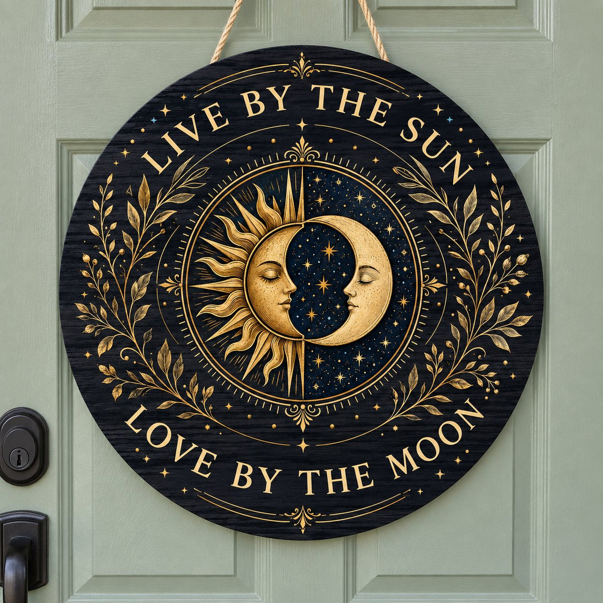 Round wooden sign with gold sun and crescent moon faces and the words “Live By The Sun, Love By The Moon”.
