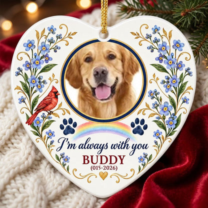 Heart ceramic ornament with a dog photo, red cardinal, blue forget-me-nots, rainbow, paw prints, and a gold heart accent