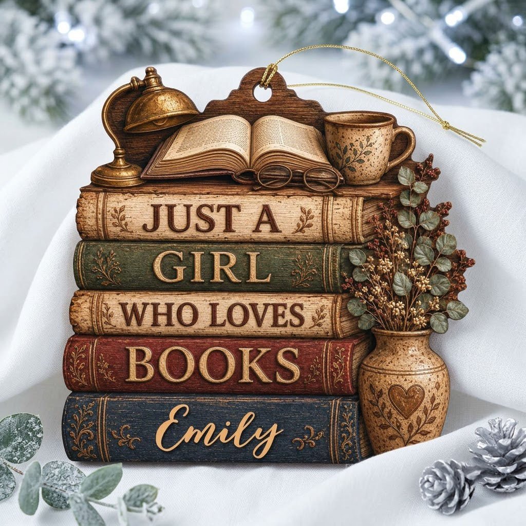 Bookshelf-shaped wood ornament with lamp, open book, teacup, vase, and Just a Girl Who Loves Books text.