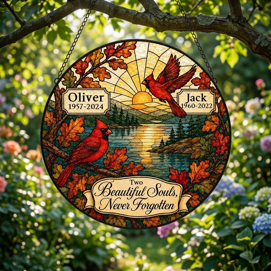 Two red cardinals with a glowing sun over a mountain lake and pine trees, framed by autumn oak leaves on a round suncatc
