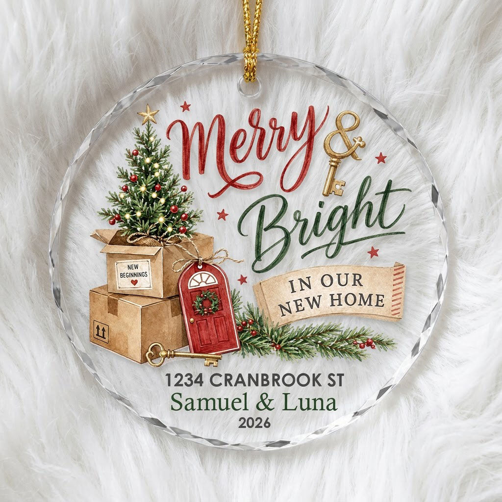 Personalized Merry & Bright In Our New Home Moving Boxes Round Glass Ornament
