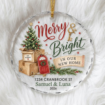 Personalized Merry & Bright In Our New Home Moving Boxes Round Glass Ornament