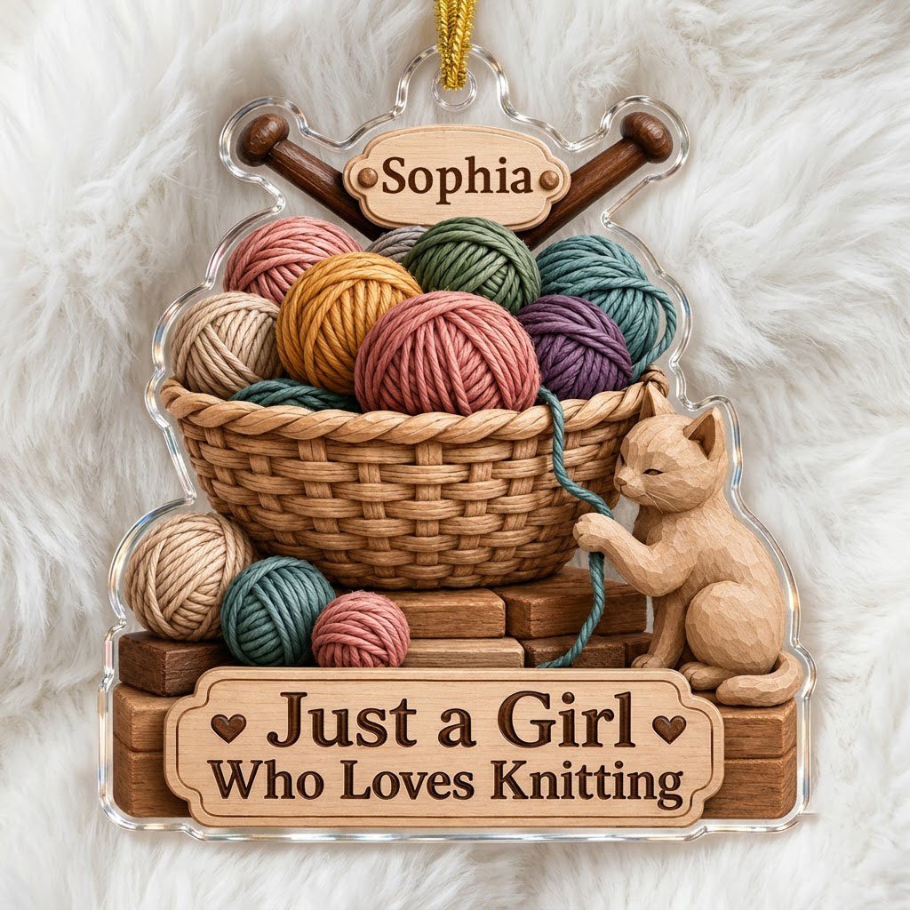 Acrylic ornament shaped around a yarn basket, cat and needles with 'Just a Girl Who Loves Knitting' and a name banner.