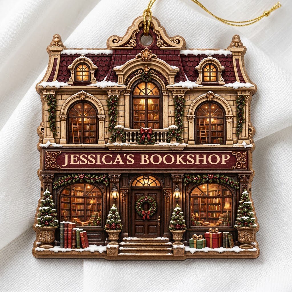 Victorian bookshop facade ornament with garlands, wreath, potted trees and 'BOOKSHOP' sign, personalized with a name.