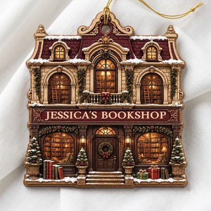 Victorian bookshop facade ornament with garlands, wreath, potted trees and 'BOOKSHOP' sign, personalized with a name.