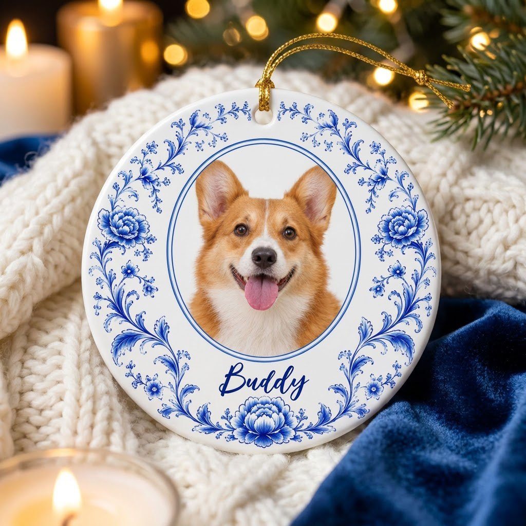 Round ceramic ornament with blue Delft floral border framing a circular photo of a dog and a personalized name.