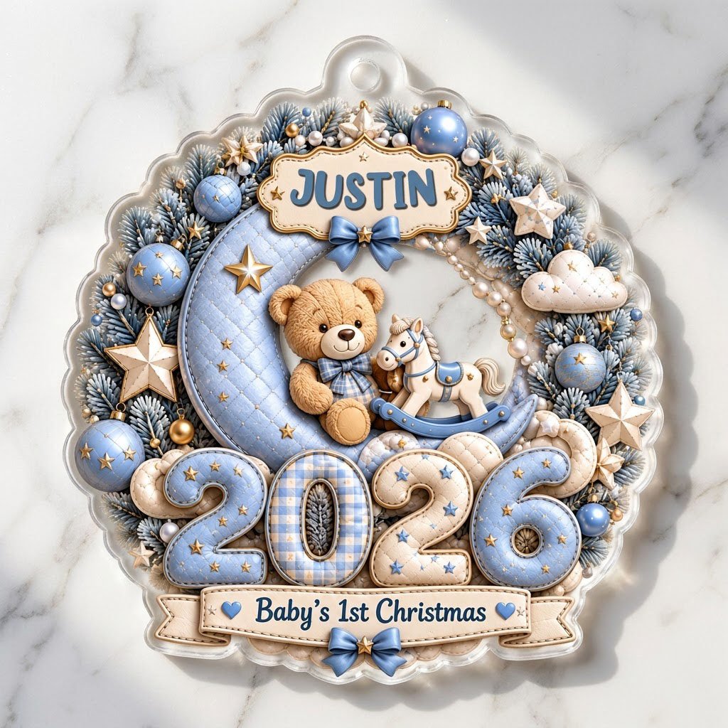 Blue wreath acrylic ornament with Baby's 1st Christmas, teddy bear, rocking horse, personalized name and 2026.