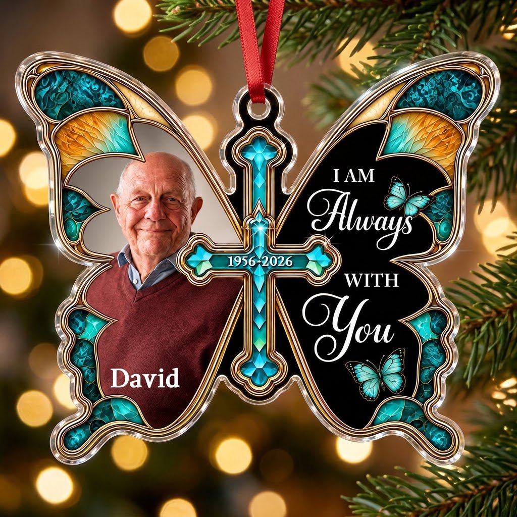 Butterfly acrylic ornament with stained glass wings, gold cross, photo panel, and the text I AM Always WITH You.