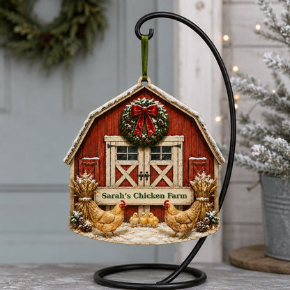 Personalized Red Barn Chicken Coop Wood Ornament, Custom Farmhouse Keepsake