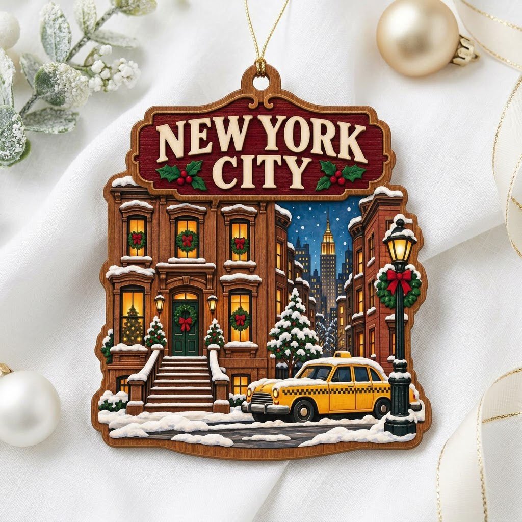 Custom-cut wood ornament with New York City brownstone, yellow taxi, street lamp, and snowy skyline with the Empire Stat