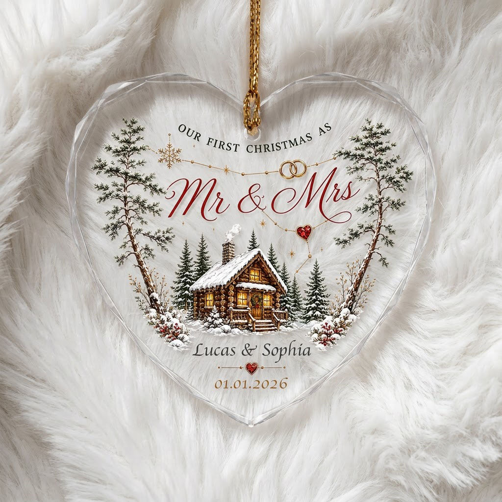 Personalized Our First Christmas as Mr & Mrs Winter Cabin Heart Glass Ornament
