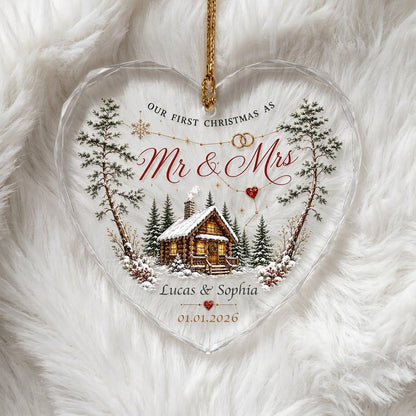 Personalized Our First Christmas as Mr & Mrs Winter Cabin Heart Glass Ornament