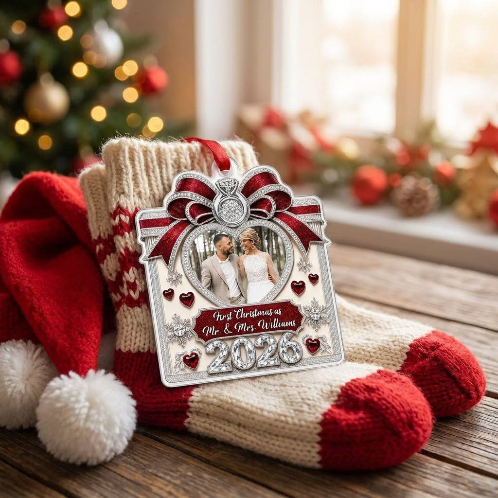 Acrylic ornament with red glitter bow, engagement ring, heart photo frame, snowflakes, and Mr. & Mrs. name and year.
