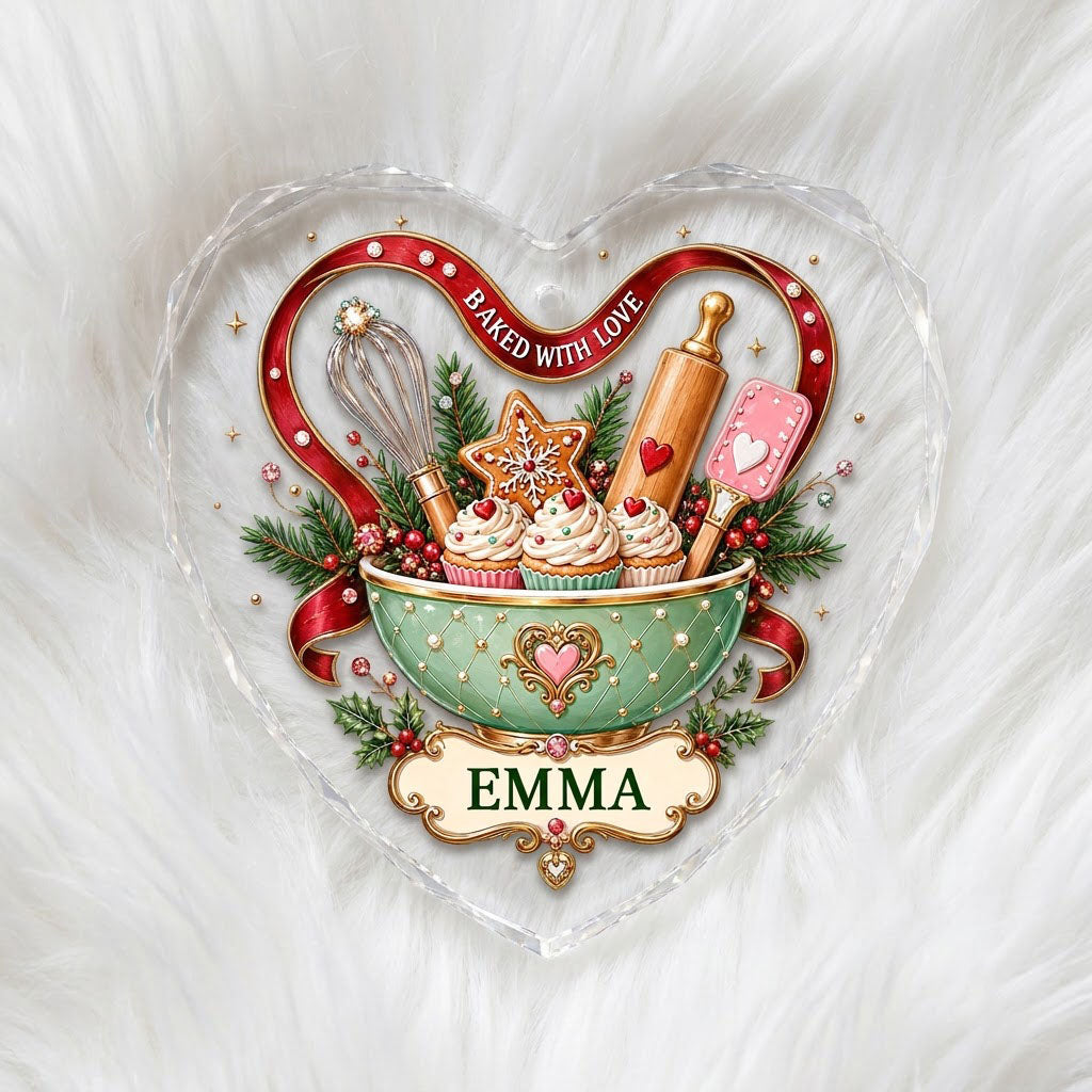 Heart stained glass suncatcher with mint mixing bowl, cupcakes, red ribbon, holly, and gold plaque BAKED WITH LOVE.