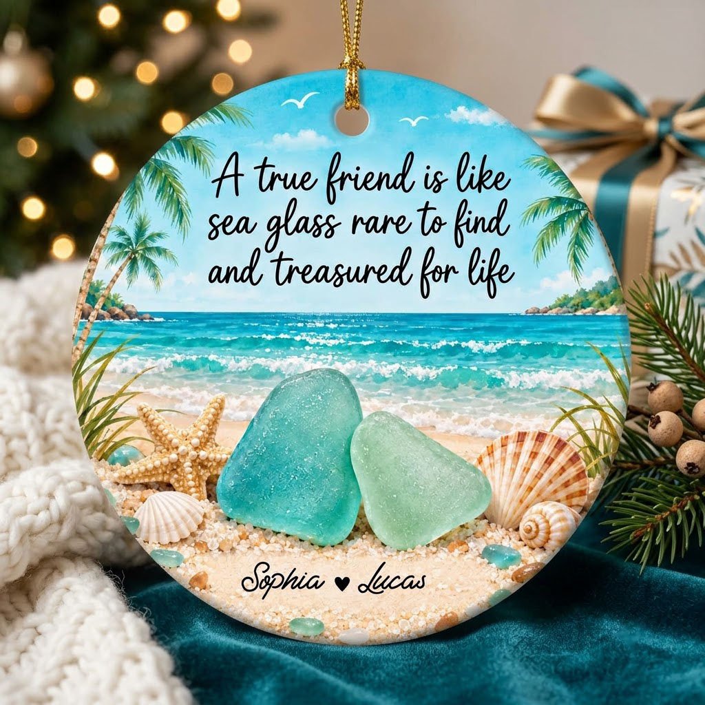 Round ceramic ornament with beach scene, palm trees, sea glass, shells, and a friendship quote with two names.