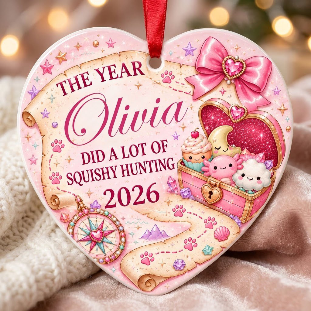 Heart ceramic ornament with a pastel treasure map, pink bow, compass, and a kawaii squishy-filled treasure chest.