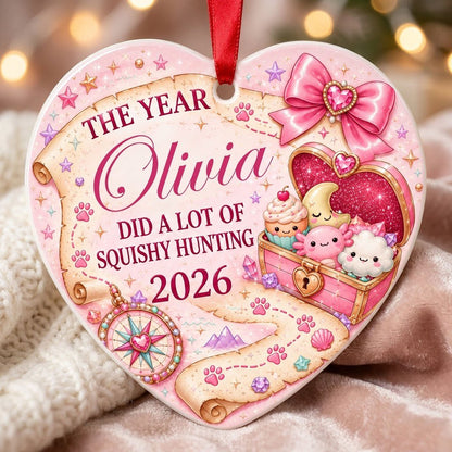 Heart ceramic ornament with a pastel treasure map, pink bow, compass, and a kawaii squishy-filled treasure chest.