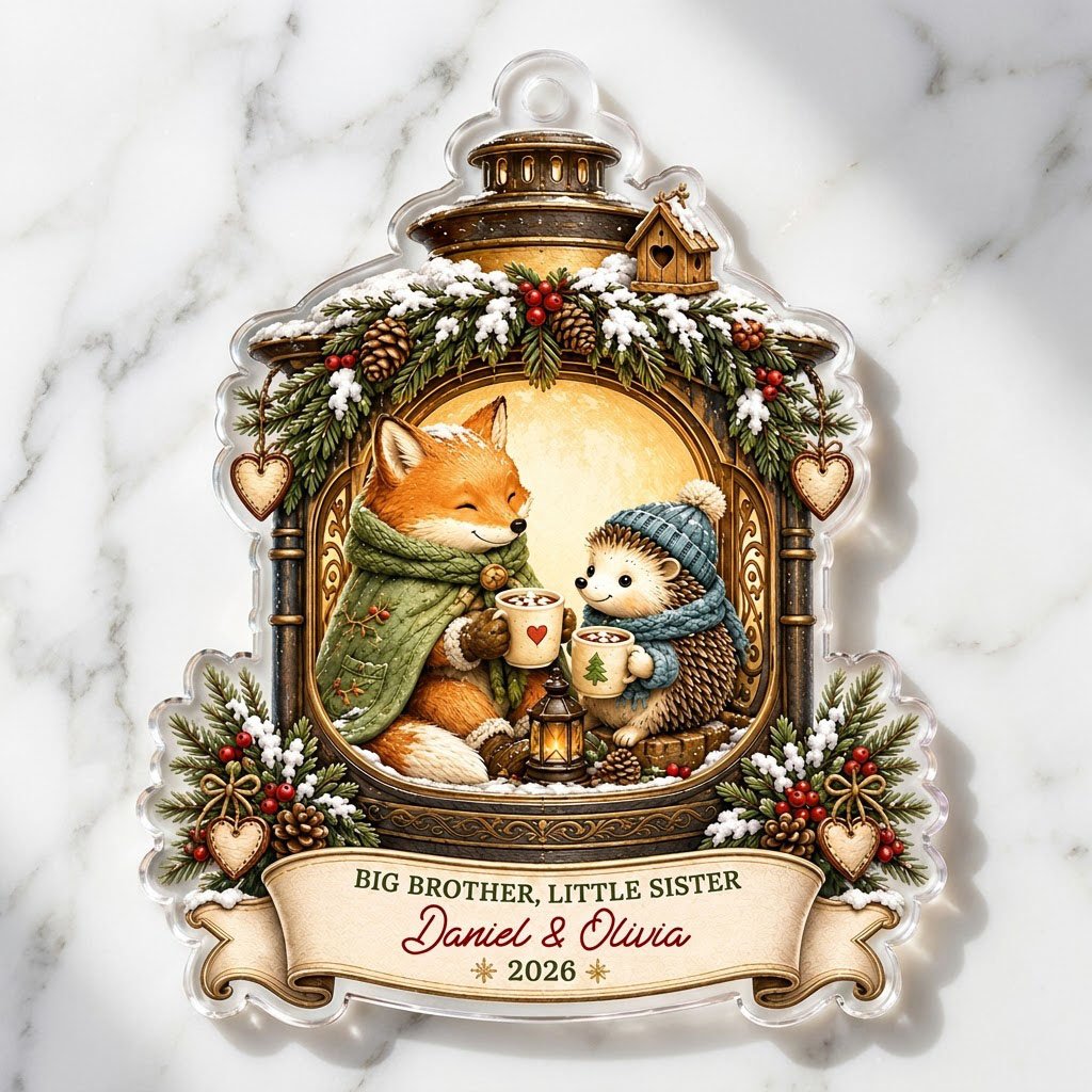 Acrylic ornament with lantern frame, fox and hedgehog with cocoa, 'BIG BROTHER, LITTLE SISTER', and names with year.