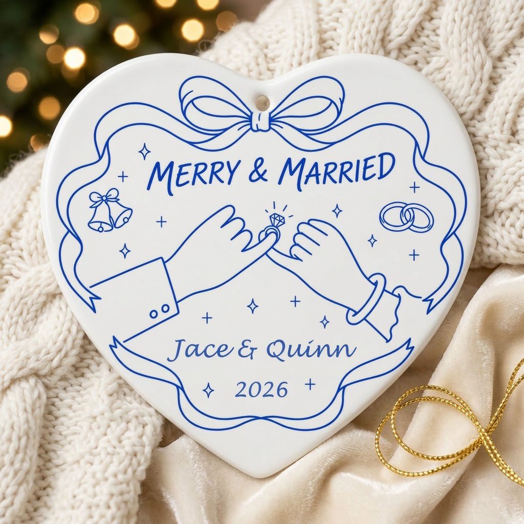 White heart ceramic ornament with blue line art: pinky promise hands, bells, rings, and MERRY & MARRIED text.
