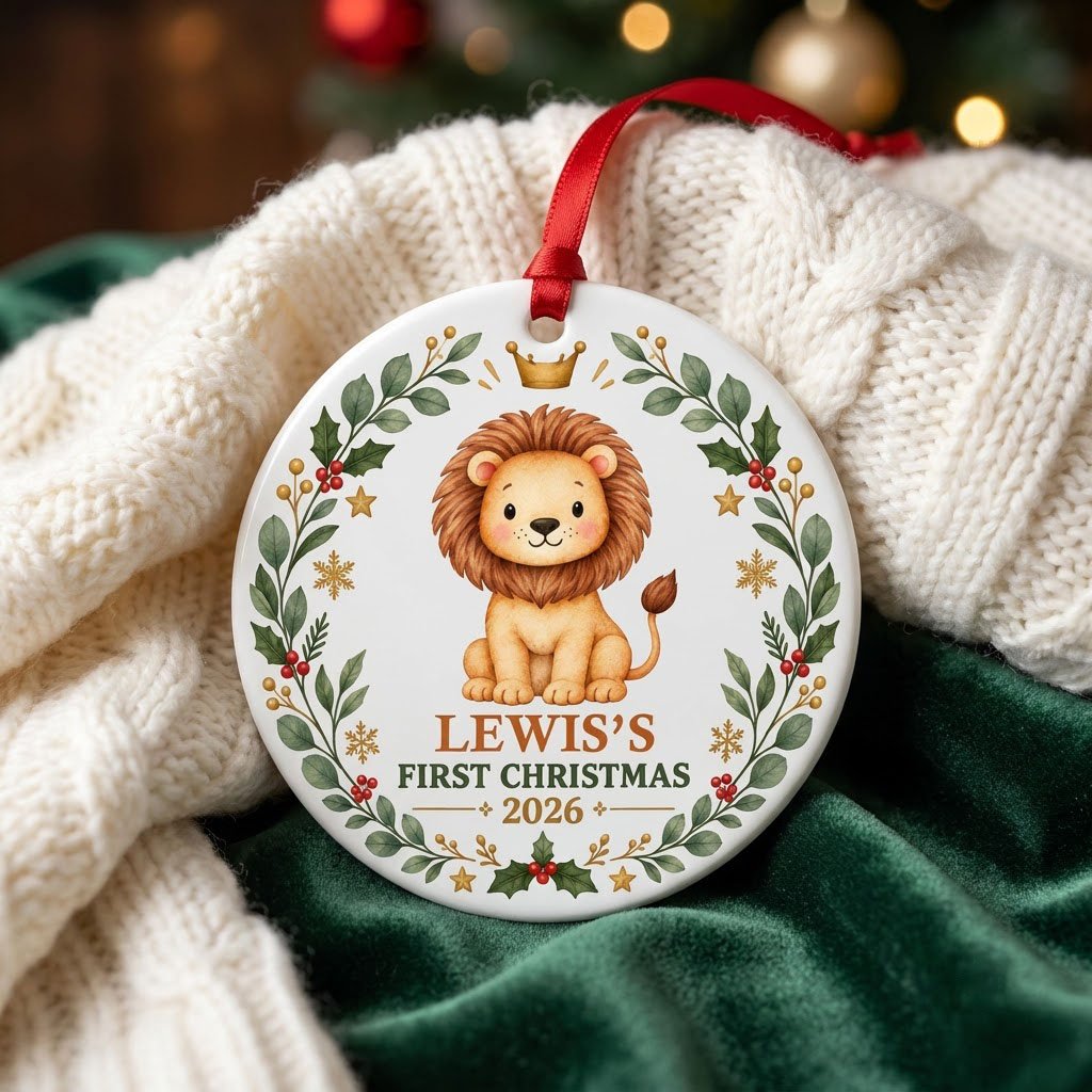 Round ceramic ornament with a cute crowned lion inside a festive wreath of green leaves, red berries, stars and snowflak