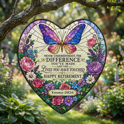 Personalized Butterfly Floral Never Underestimate The Difference Happy Retirement Heart Stained Glass Suncatcher