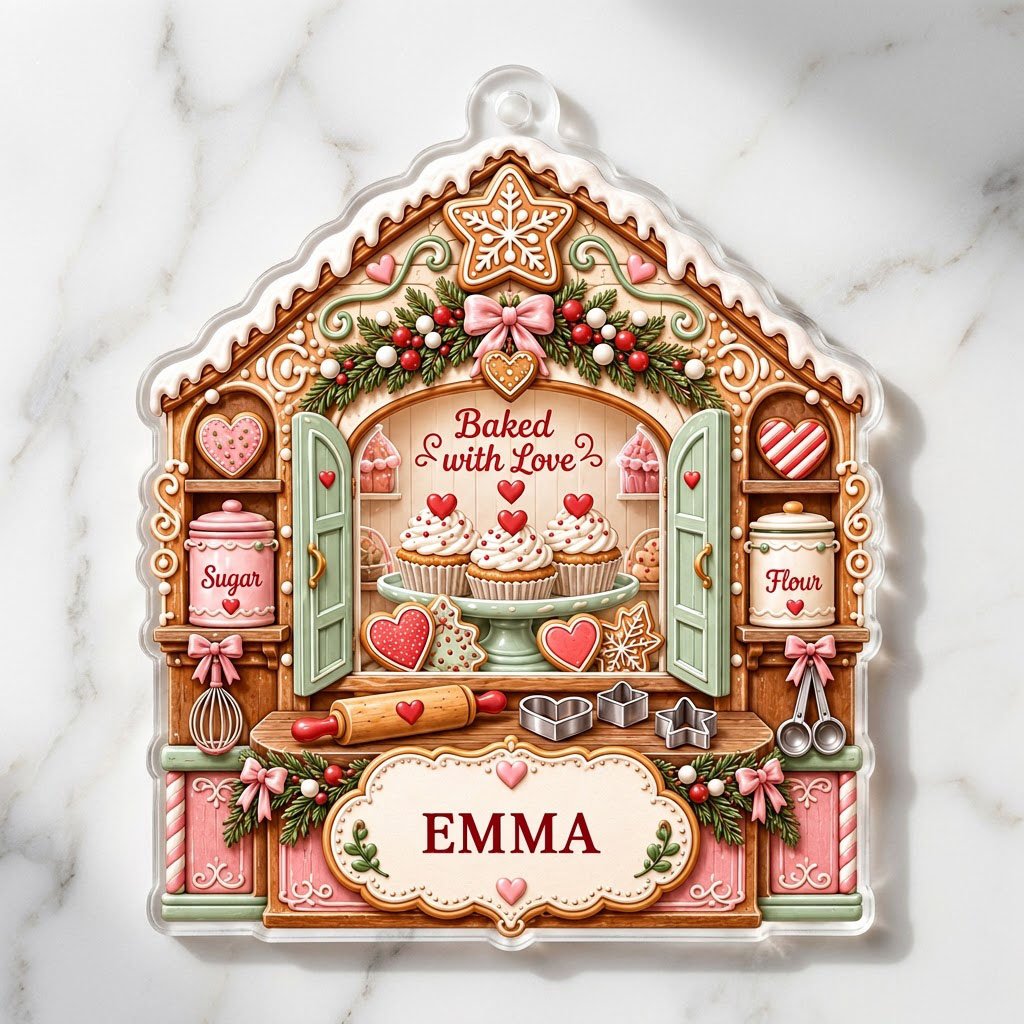 Custom-cut acrylic ornament shaped like a gingerbread house with baking tools, cupcakes, and a name banner.