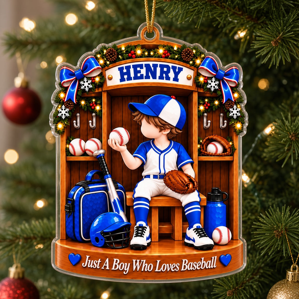 Acrylic ornament of a baseball locker with a boy in uniform and 'Just A Boy Who Lovs Baseball' at the bottom.