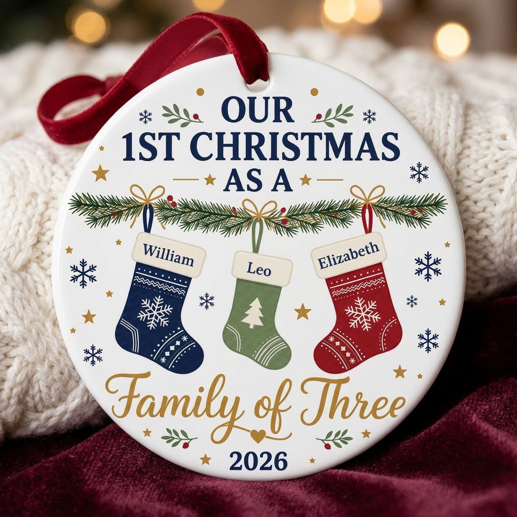 Round white ceramic ornament with garland, three stockings, and 'OUR 1ST CHRISTMAS AS A Family of Three 2026' text with 
